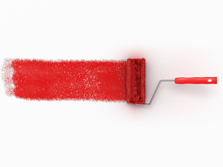 roller brush with red paint track mockup. Creative, decorating a