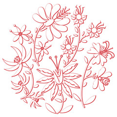 Celebration day folk  and embroidery  cutout  inspired  by eastern European culture   round shape in white with floral elements with red stroke with 3D effect
