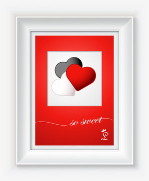 Valentines day card with hearts and words of love in white frame