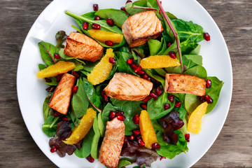 Fresh Salmon Salad with vegetables, pomegranate and orange.