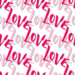 Romantic Valentines day pattern with lettering Love. Cute hand drawn background.  Seamless pattern with handwritten ink brush text