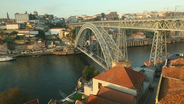 Dom Luis I Bridge at Ribeira in Porto, Douro river and Old Town, Portugal.
