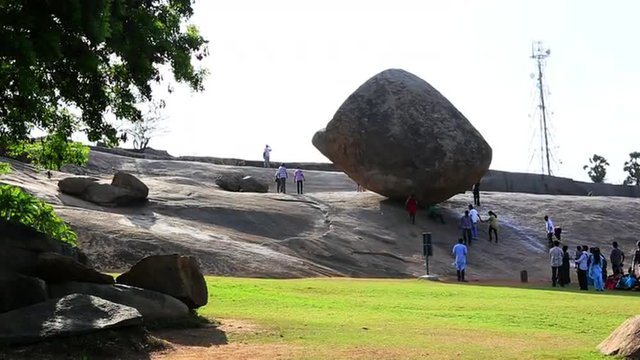 Locked-on shot of a boulder, Krishnas Butter Ball, Mahabalipuram, Kancheepuram District, Tamil Nadu, India