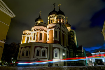 Fototapeta na wymiar View of Alexander Nevsky Cathedral in Tallinn in the evening lig