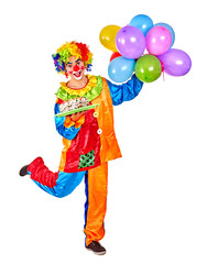 Happy birthday clown man holding a bunch of balloons on Isolated.