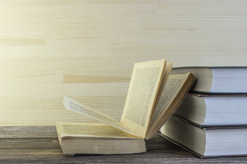 Books on a wooden table