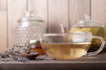 lavender green tea on wooden background