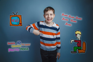 adolescent boy laughing and pointing in the direction of the imp