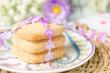 Heart-shaped butter cookies with sugar.