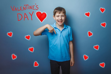 Boy laughing teenager pointing down Valentine's Day celebration 