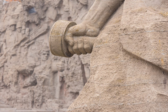 A hand grenade with the rear side of the sculpture "Stand to Death" in the square stood the death of historical memorial complex "To Heroes of the Battle of Stalingrad"