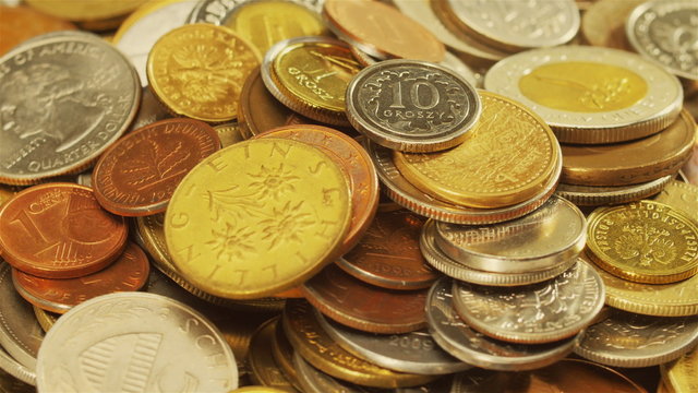 Golden different coins collection background rotating, loop ready