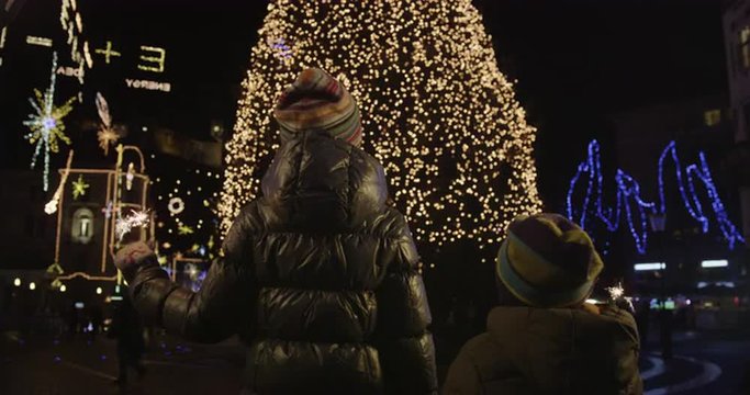 4K Cinemagraph: Rear View Of Kids With Sparkler In Front Of Christmas Tree