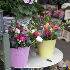 bouquet of colorful spring flowers. tulip, ranunculus, hyacinth, daisy, anemone.