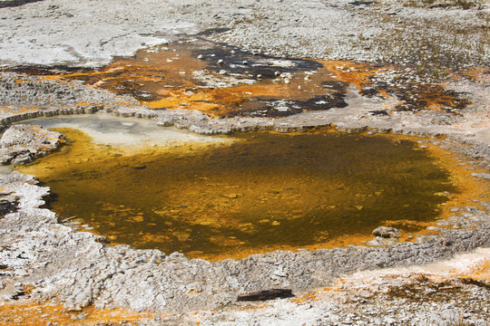 Orange and brown, circular hot spring with limestone rim, Yellowstone, Wyoming.