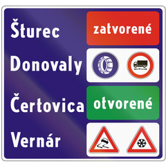 Road sign used in Slovakia - Notice on the state of roads. Zatvorene means closed, otvorene means open