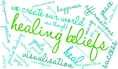 Healing Beliefs word cloud on a white background. 