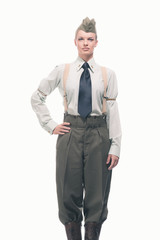 Vintage army uniform fashion girl isolated against white.