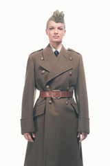 Retro army uniform fashion woman isolated against white.