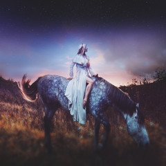  beauty blondie on horseback, amid the fabulous starry sky, character fantasy, roleplay