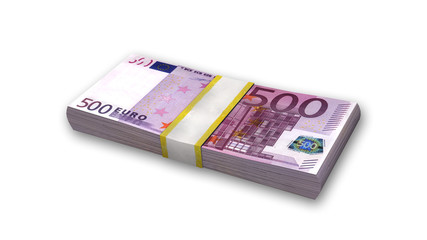 Stack of five hundred Euro bills isolated on white background