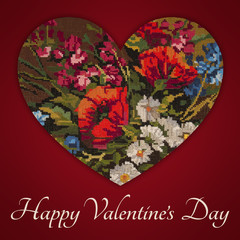 happy valentine's day heart filled with retro embroidery bouquet of flowers - 99979963