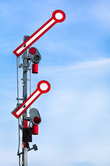 Departure Train Signal shows Go-Ahead / Old double railway signal from steam locomotive era in...