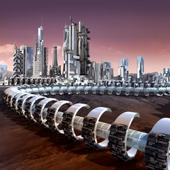 Futuristic city architecture with skyscrapers and tubular ring structure on an alien red planet, for futuristic or fantasy backgrounds © 3000ad