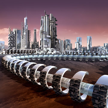 Futuristic city architecture with skyscrapers and tubular ring structure on an alien red planet, for futuristic or fantasy backgrounds