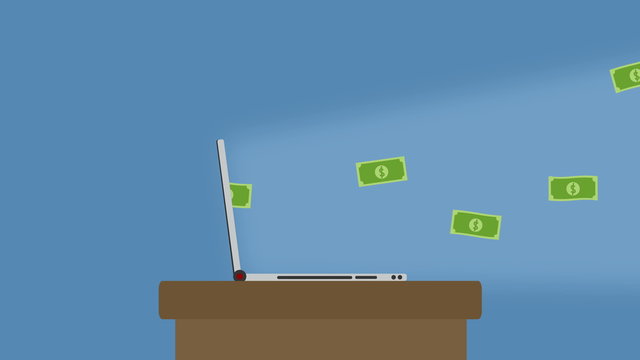 Passive Income Concept, online business, Money from Laptop screen, Passive income, online business, money flying out of laptop with space for your text over blue background. Get money on-line.
