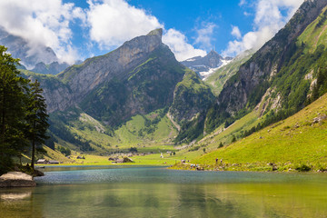 Stunning view of Seealpsee (lake) and the Alpstein massif