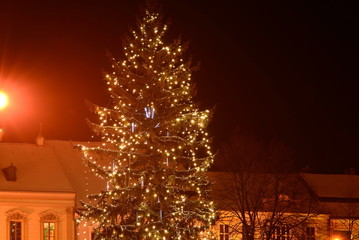 Christmas tree lighting in a European town.