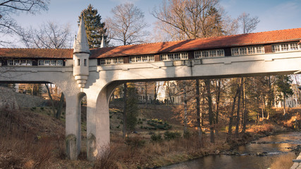 Ladek Zdroj - covered bridge over river in city park.