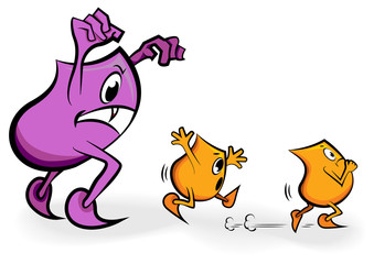 Cartoon character - Blinky - scared of a spooky purple monster, vector illustration