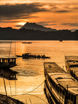 Tour boats in Mekong river, Luang Prabang, Laos