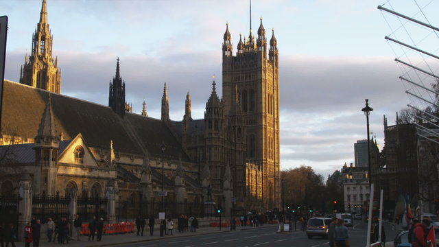 Westminster Abbey at sunset in London England.