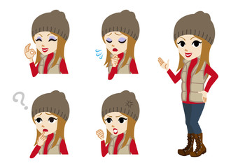 Winter casual fashioned girl full length and Facial expression set