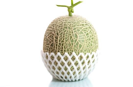 Green Melon, cantaloupe on net isolated white background