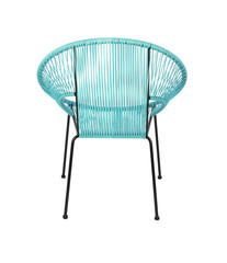 Blue Rattan Outdoor Chair on White Background, Rear View