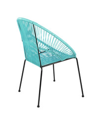 Blue Rattan Outdoor Chair on White Background, Three Quarter Rear View