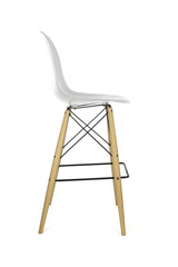 White Plastic Bar Stool with Wooden Legs on White Background, Side View