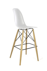 White Plastic Bar Stool with Wooden Legs on White Background, Three Quarter Rear View