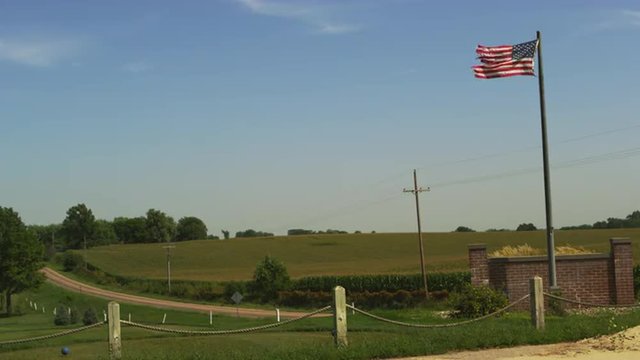 American Flag and Fields of Crops