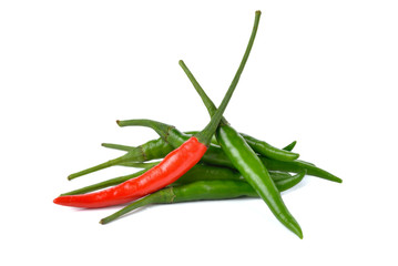 red and green chili with stem on white background