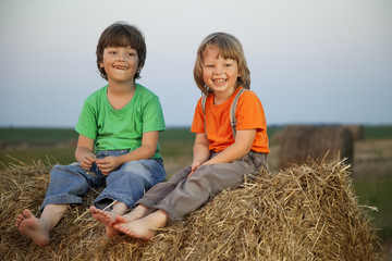 Naklejka na ściany i meble boy in a haystack in the field