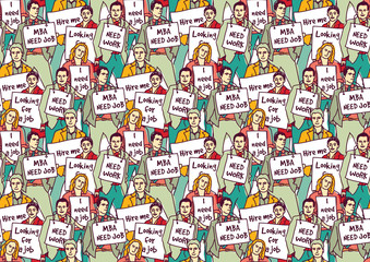 Big group unemployment business people color seamless pattern. 
