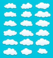 set of cute cartoon white clouds with shadows. vector