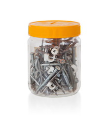 Fototapeta premium Jar filled with screws and nails, isolated on white