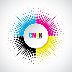 Abstract cmyk halftone background with 3d button - obrazy, fototapety, plakaty