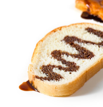 image slice of white bread watered with liquid chocolate
